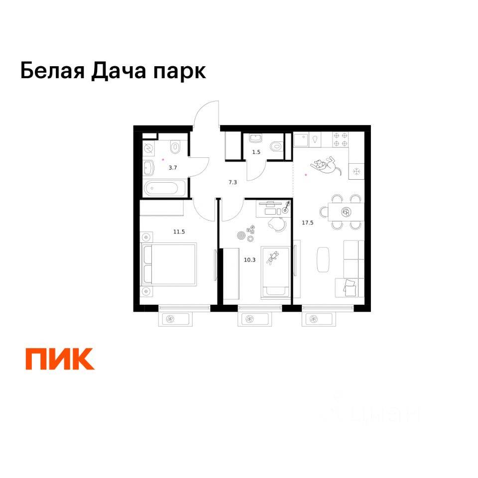2-комн. квартира, 51,8 м², в ЖК «Белая Дача парк»