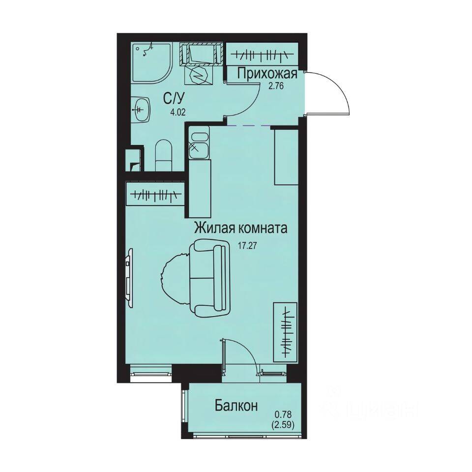 Квартира-студия, 24,83 м², в ЖК ID Kudrovo II