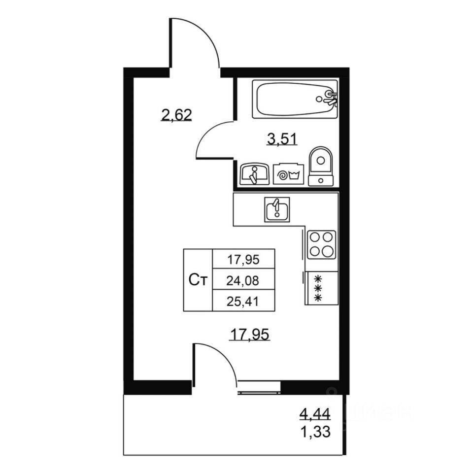 Квартира-студия, 25,41 м², в ЖК Перспектива