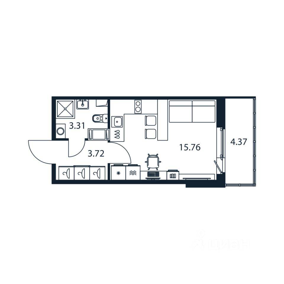 Планировка 1 комнатной квартиры, 22.2 м², в «Полис ЛАВрики»