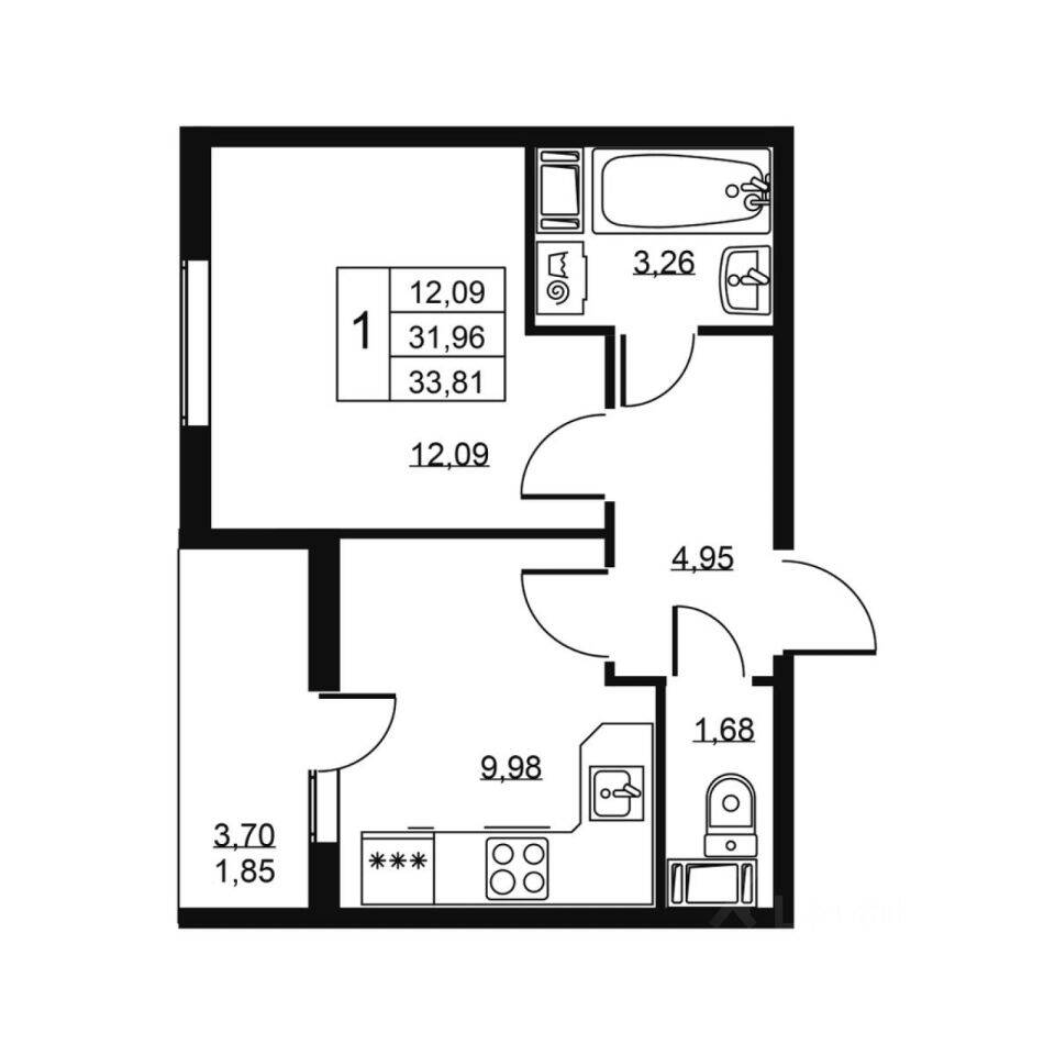 1-комн. квартира, 33,81 м², в ЖК «Высота» (Бугры)