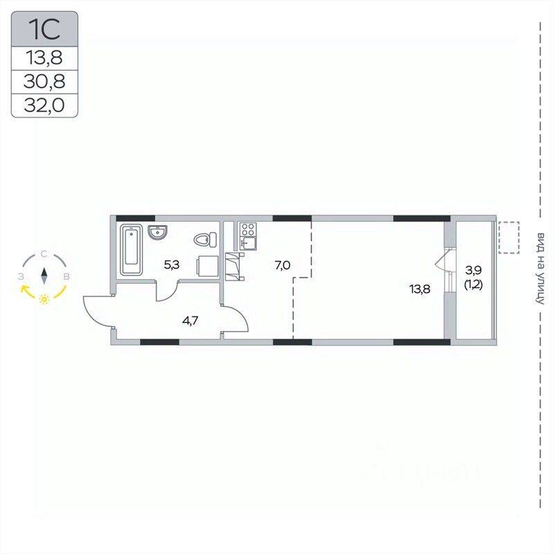 Квартира-студия, 32 м², в ЖК «Пироговская Ривьера»