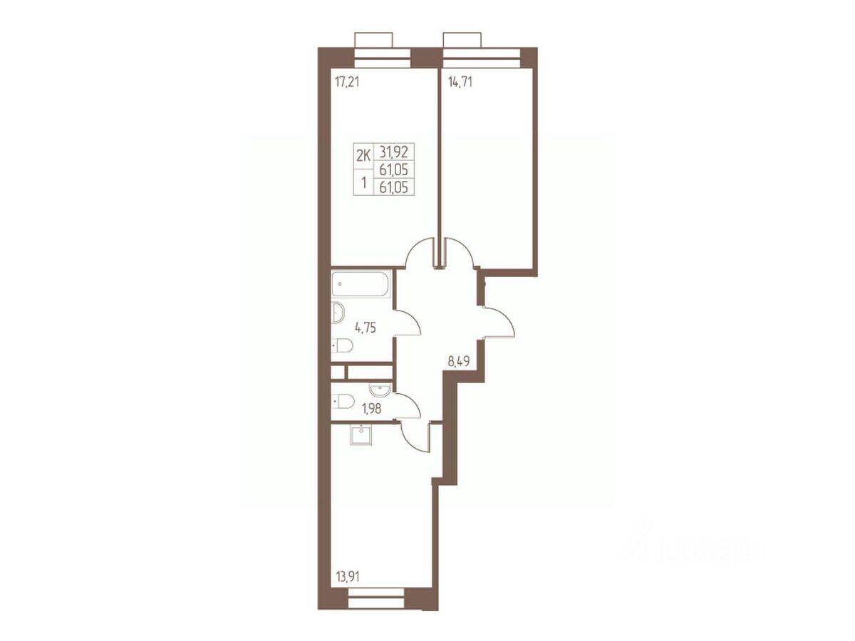 2-комн. квартира, 61,1 м², в ЖК Западная Ивантеевка