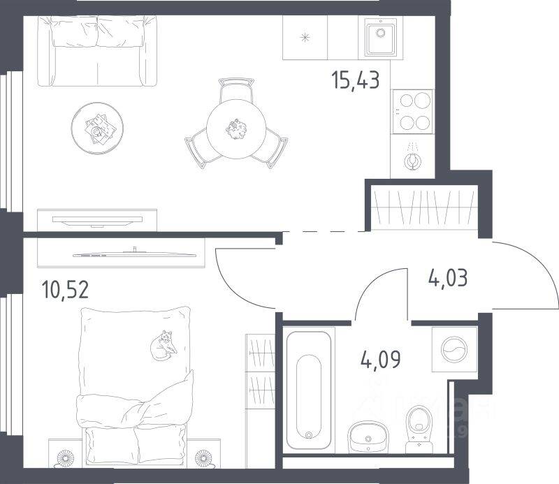 Планировка 1 комнатной квартиры, 34.07 м², в «Егорово Парк»