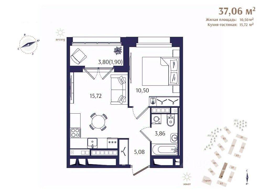 1-комн. квартира, 37,06 м², в ЖК Ranta Residence