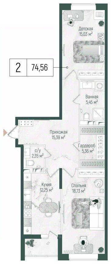 2-комн. квартира, 75,94 м², в ЖК Riga Hills