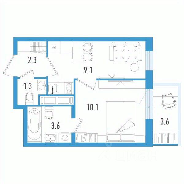 Планировка 1 комнатной квартиры, 27.5 м², в «Aerocity 3»