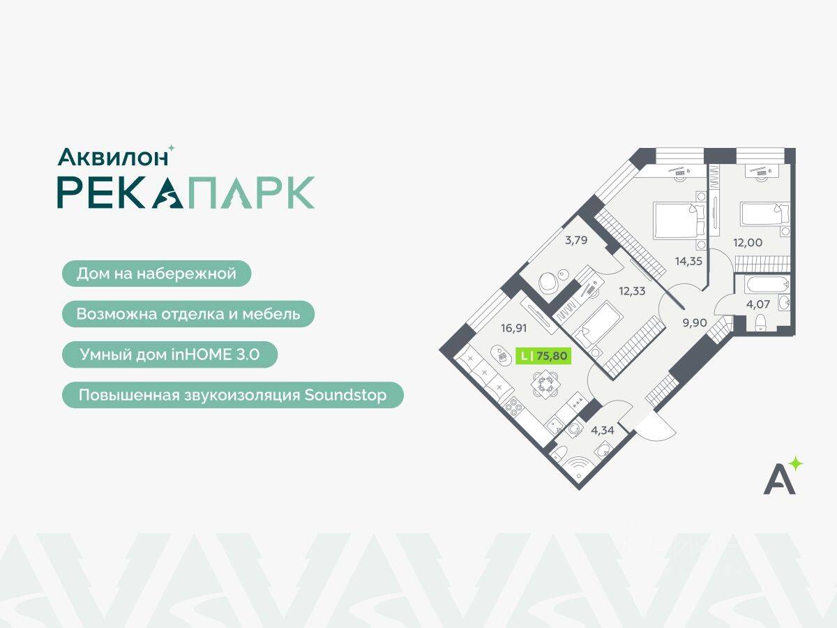 4-комн. квартира, 75,8 м², в ЖК Аквилон RekaPark