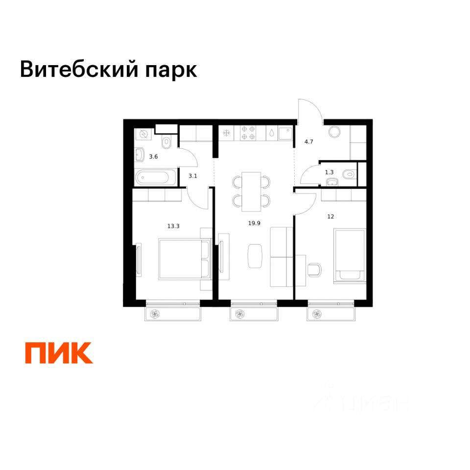 2-комн. квартира, 57,9 м², в ЖК Витебский парк