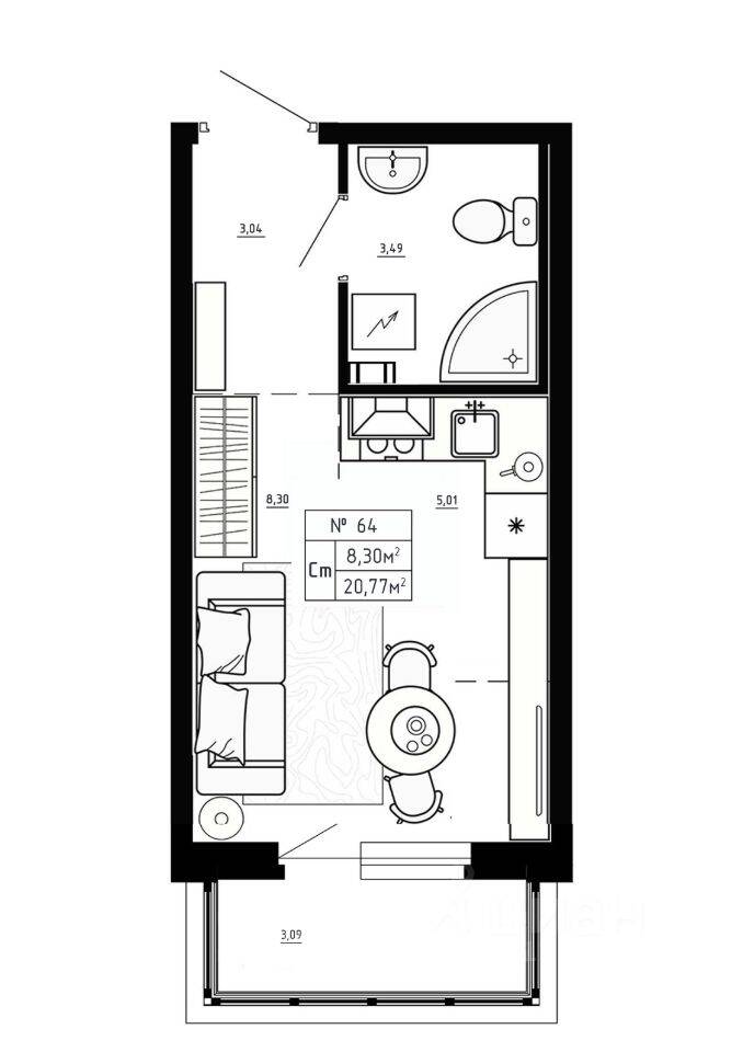 Планировка 1 комнатной квартиры, 20.77 м², в «Аннино Сити»