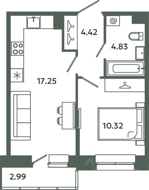 1-комн. квартира, 36,82 м², в ЖК Загляденье