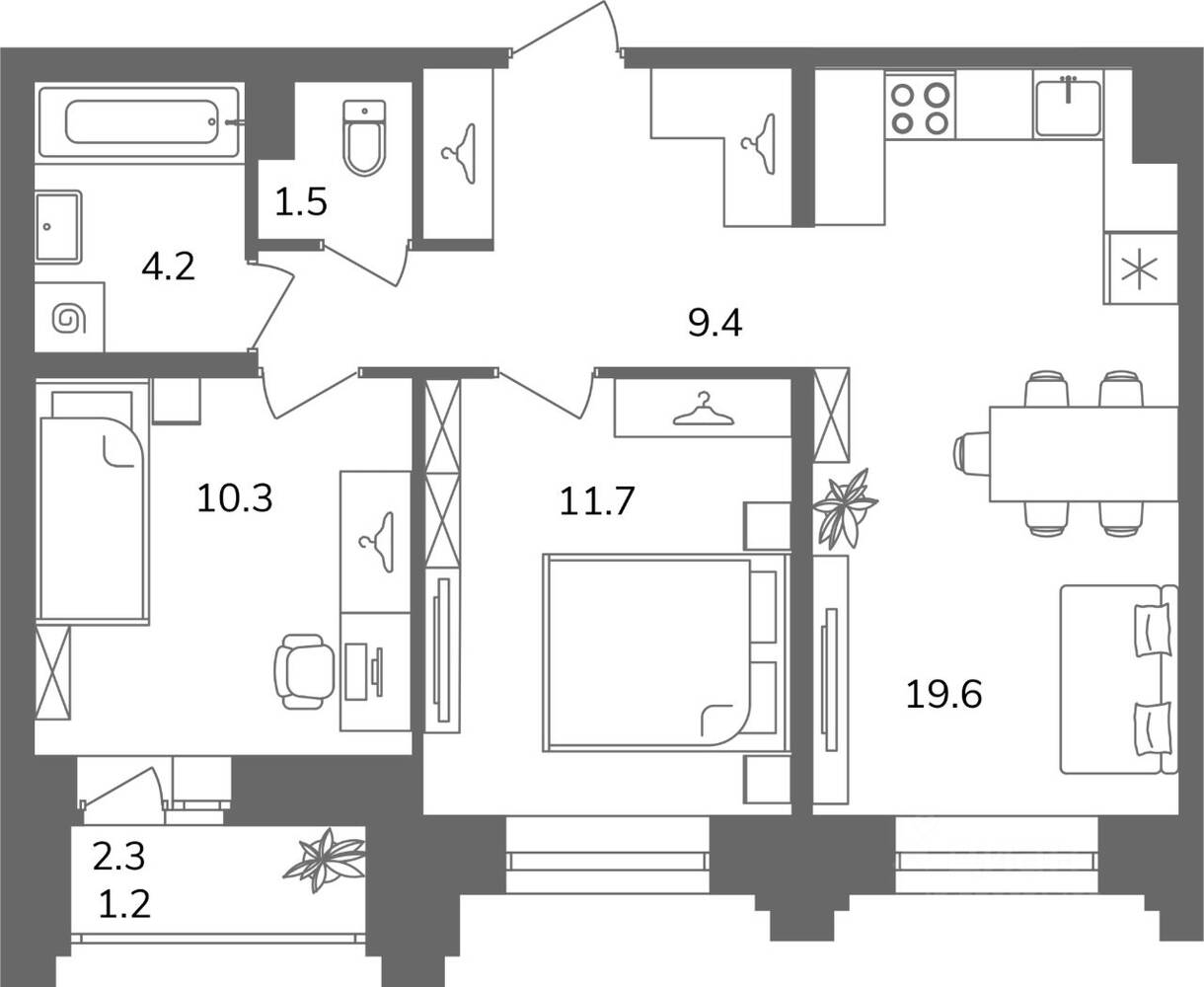 2-комн. квартира, 56,7 м², в ЖК Антверпен