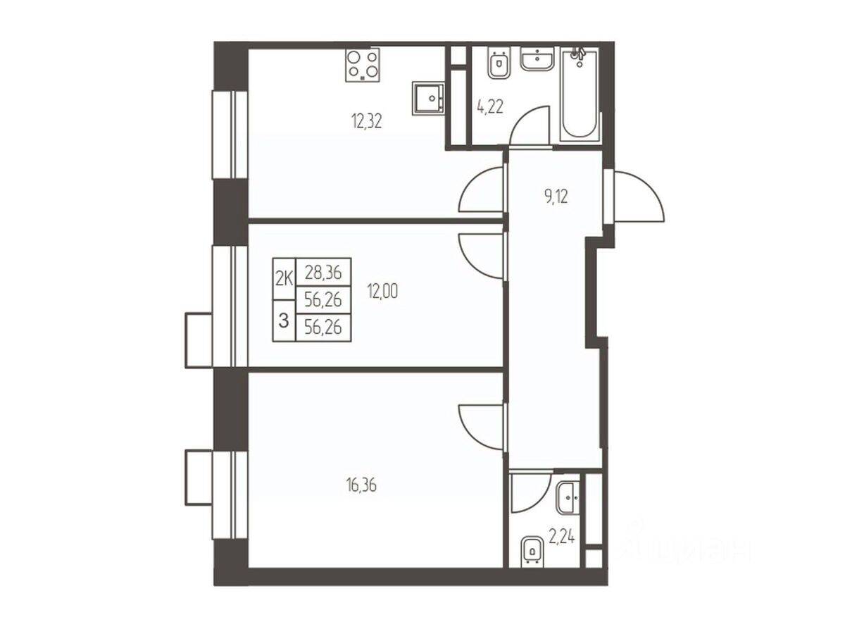2-комн. квартира, 56,3 м², в ЖК Новая Ивантеевка