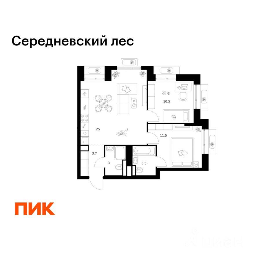 2-комн. квартира, 57,2 м², в ЖК Середневский лес