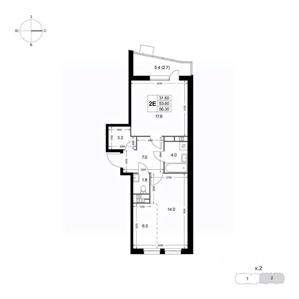 2-комн. квартира, 53,8 м², в ЖК «Легенда Коренево»