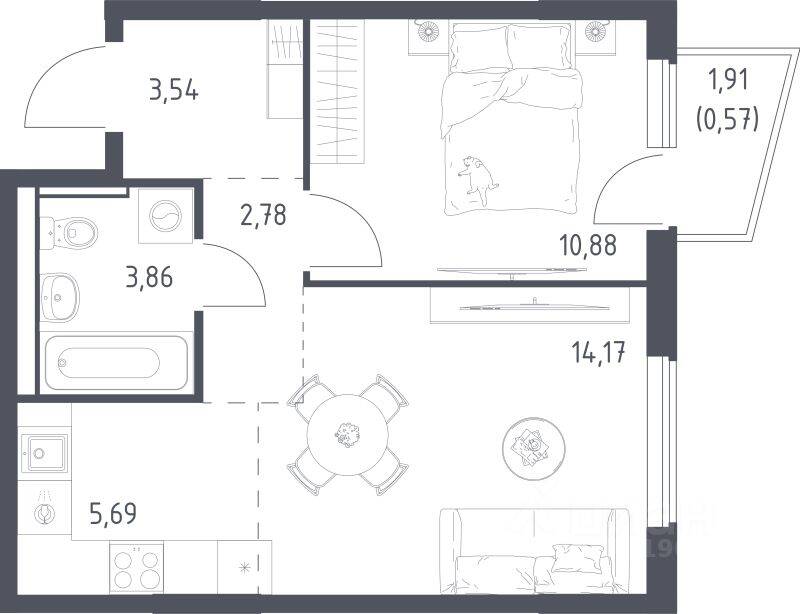 2-комн. квартира, 41,49 м², в ЖК Егорово Парк