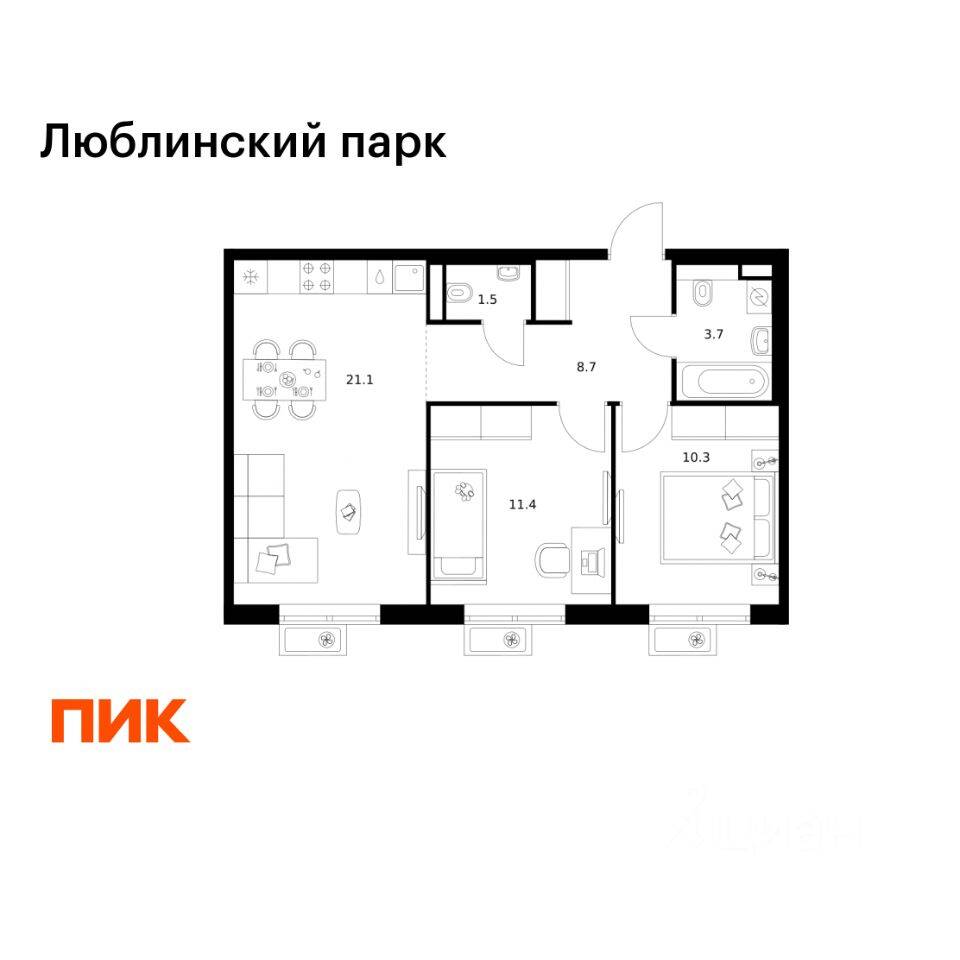 2-комн. квартира, 56,7 м², в ЖК «Люблинский парк»