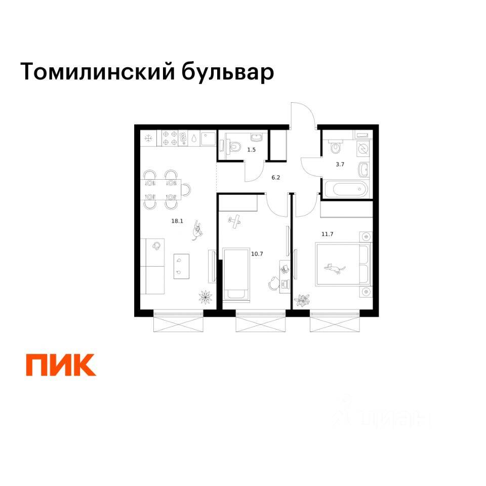 2-комн. квартира, 51,9 м², в ЖК Томилинский бульвар