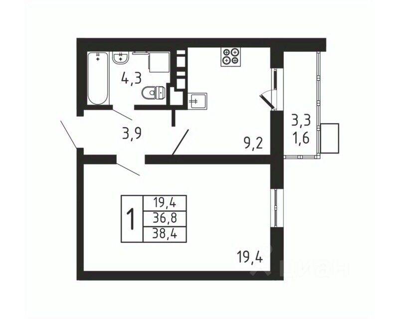 1-комн. квартира, 38,4 м², в ЖК «Пироговская Ривьера»