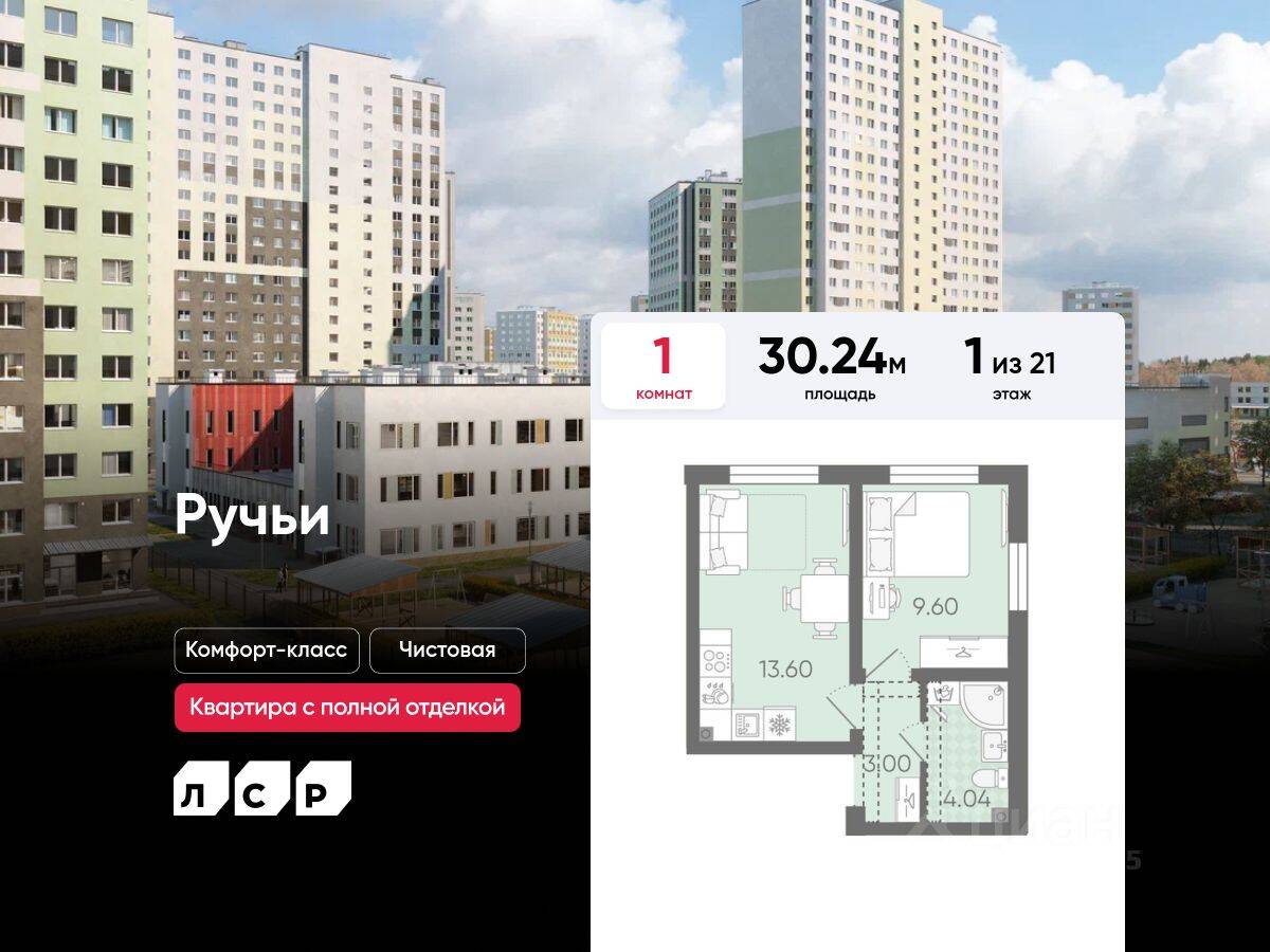 1-комн. квартира, 30,24 м², в ЖК «Ручьи»