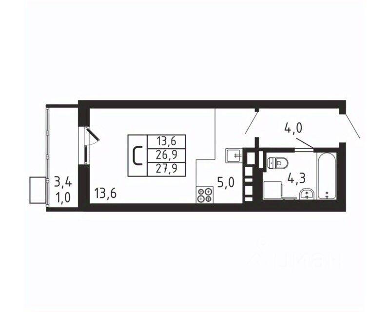 Квартира-студия, 27,9 м², в ЖК «Пироговская Ривьера»