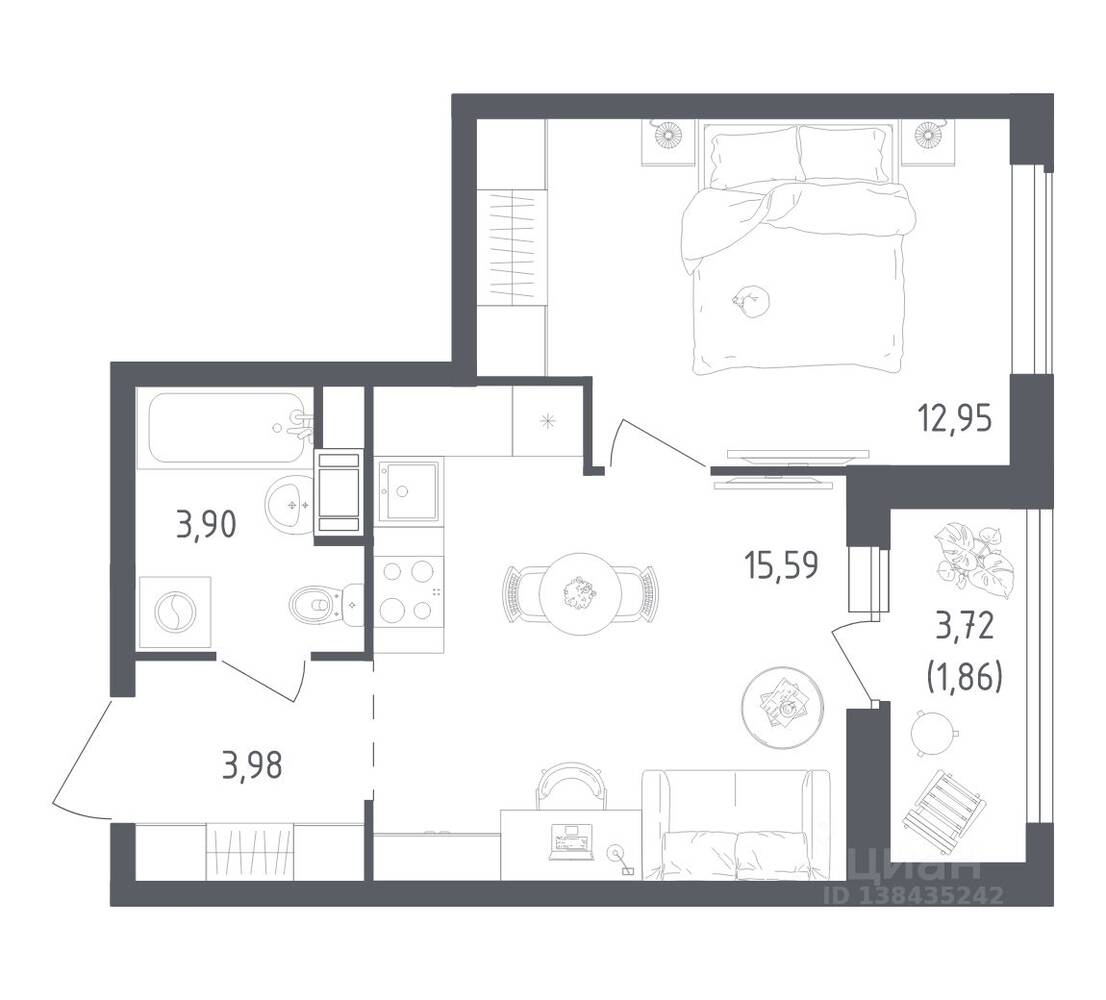 1-комн. квартира, 38,28 м², в ЖК Южная Нева
