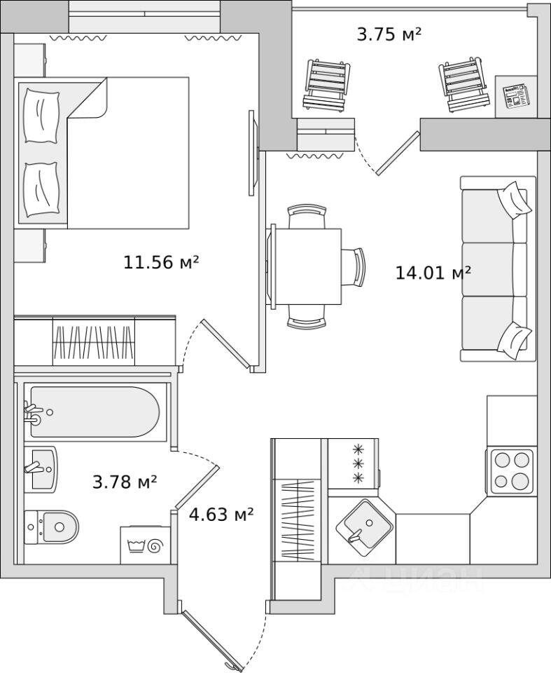 1-комн. квартира, 38,66 м², в ЖК ЦДС «Dreamline»