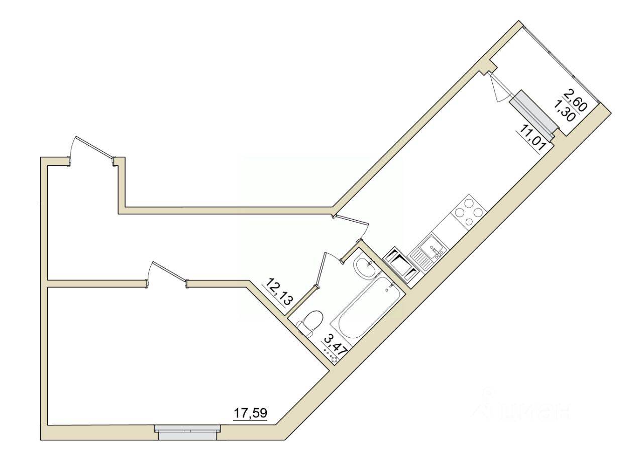 1-комн. квартира, 45,4 м², в ЖК «Granholm Village»