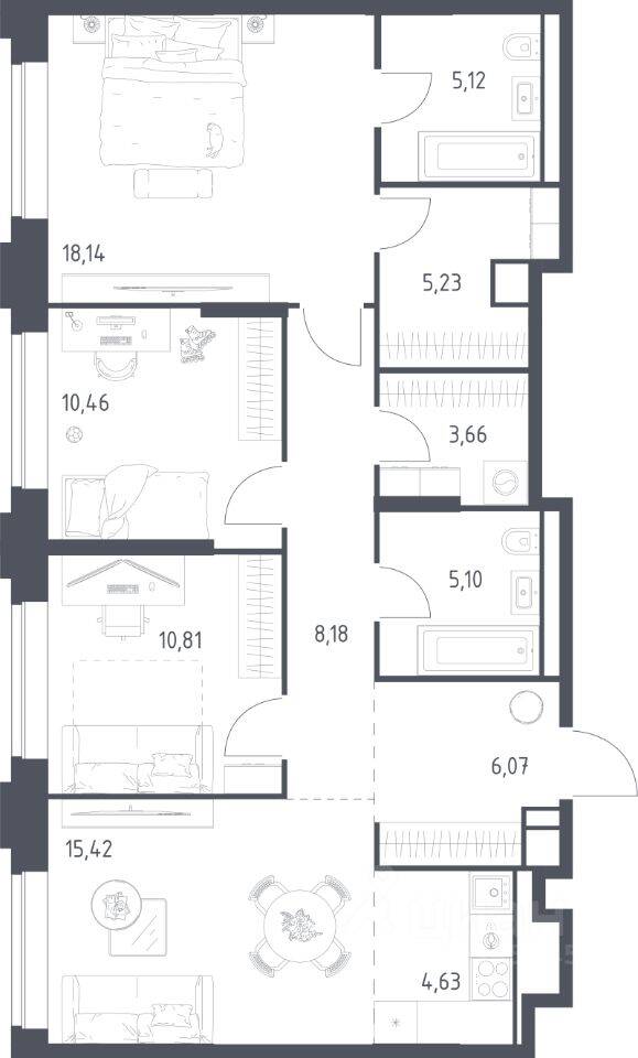 3-комн. квартира, 92,82 м², в Апарт-комплекс Верейская 41