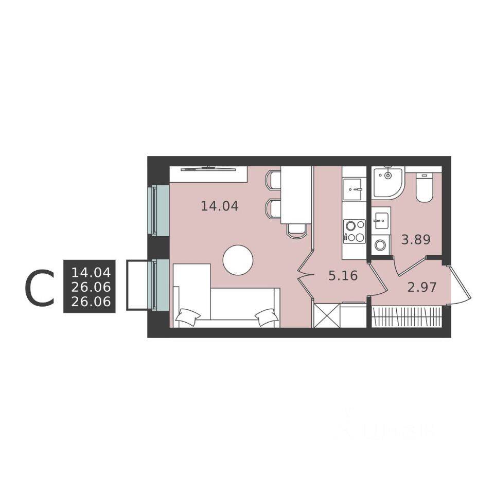 Квартира-студия, 26,06 м², в ЖК Мишино-2