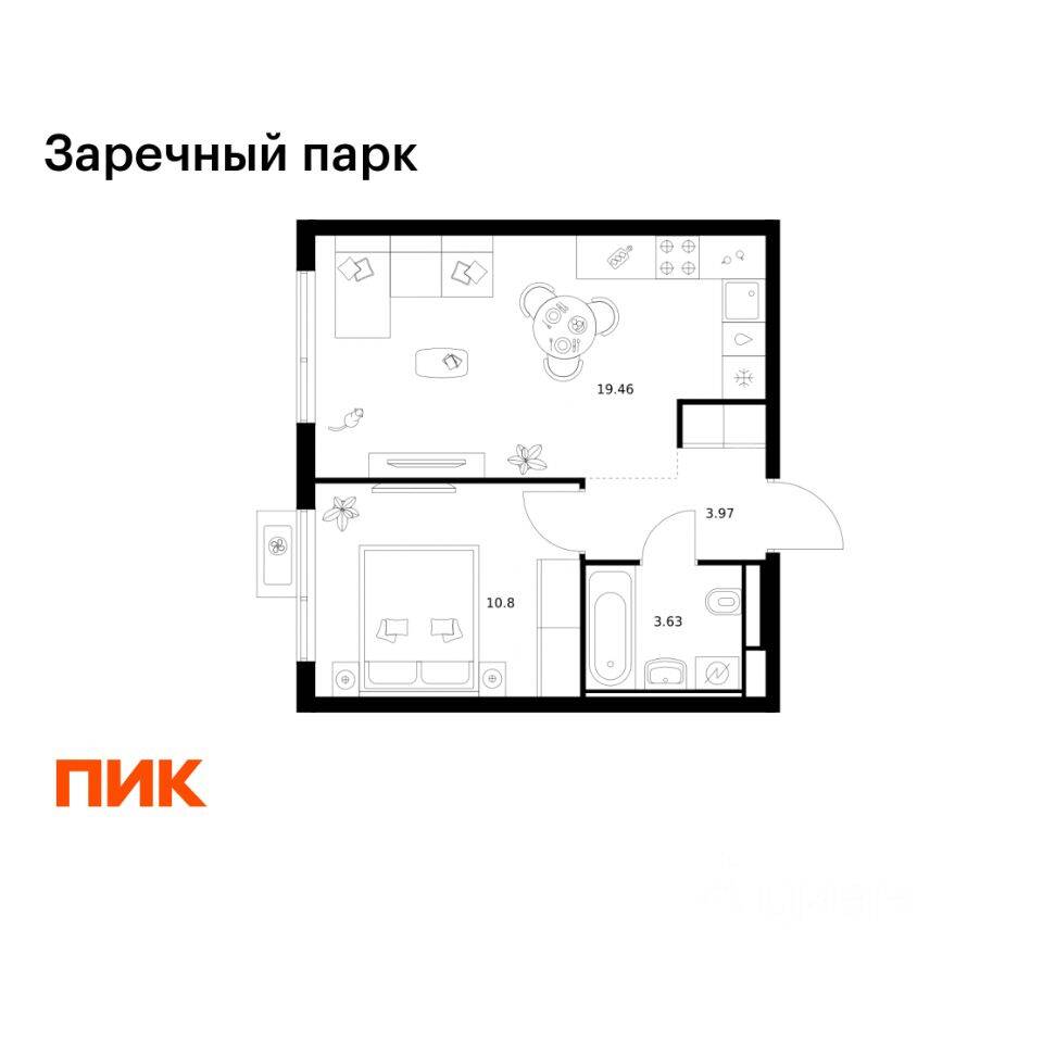 1-комн. квартира, 37,86 м², в ЖК Заречный парк