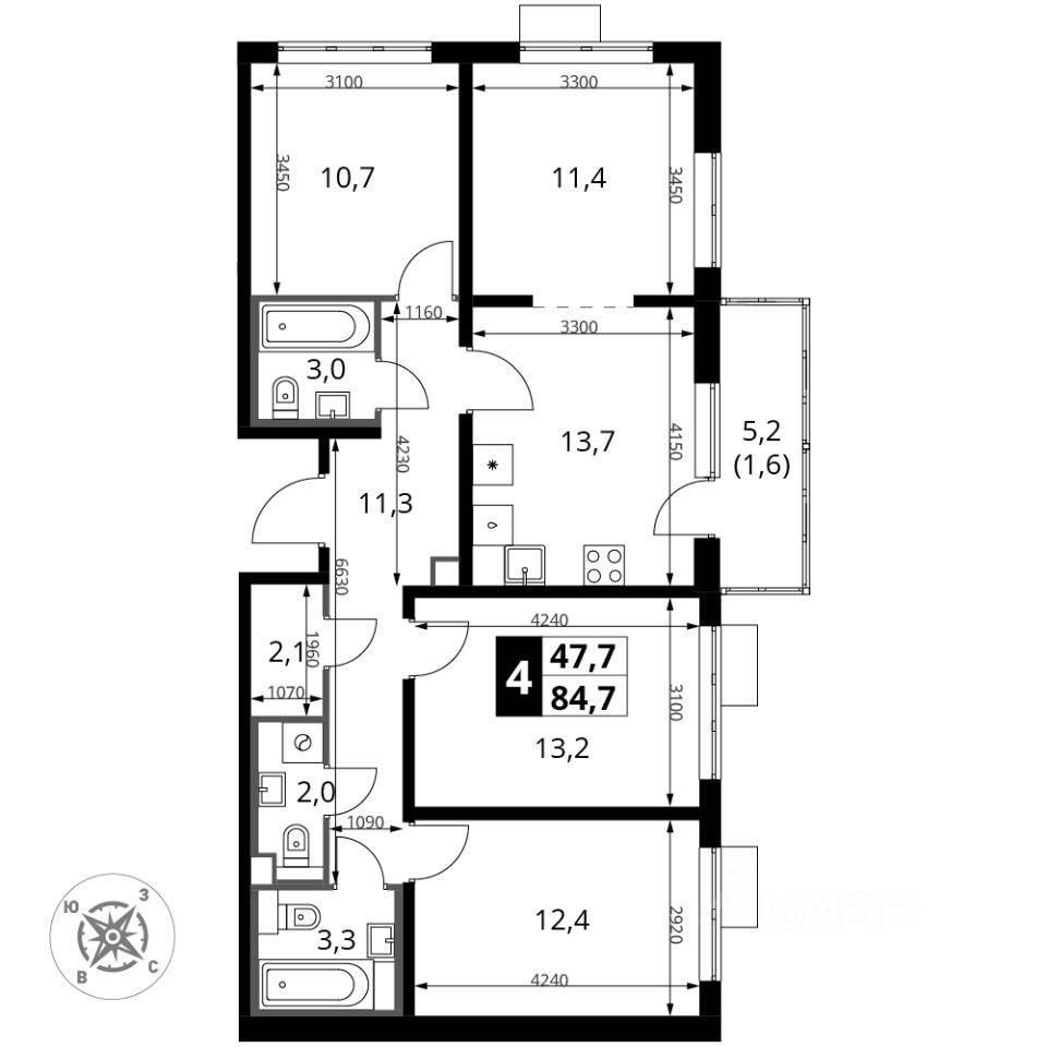 4-комн. квартира, 85,1 м², в ЖК «Южная Битца»