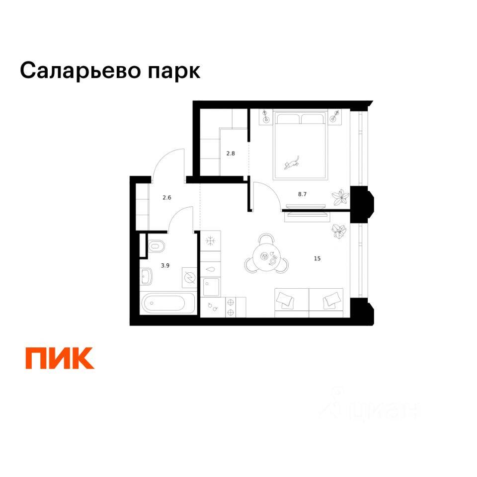 1-комн. квартира, 33 м², в ЖК «Саларьево парк»