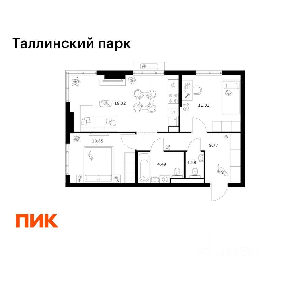 2-комн. квартира, 56,84 м², в ЖК Таллинский парк