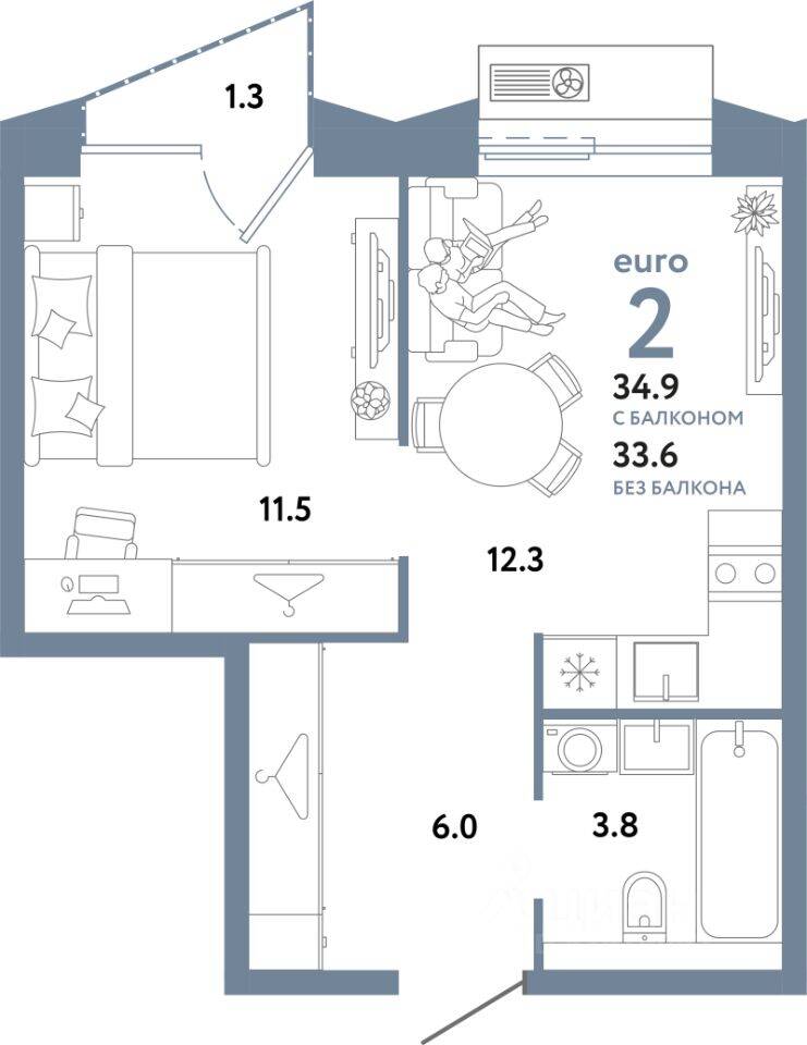 2-комн. квартира, 34,9 м², в ЖК Страна.Заречная