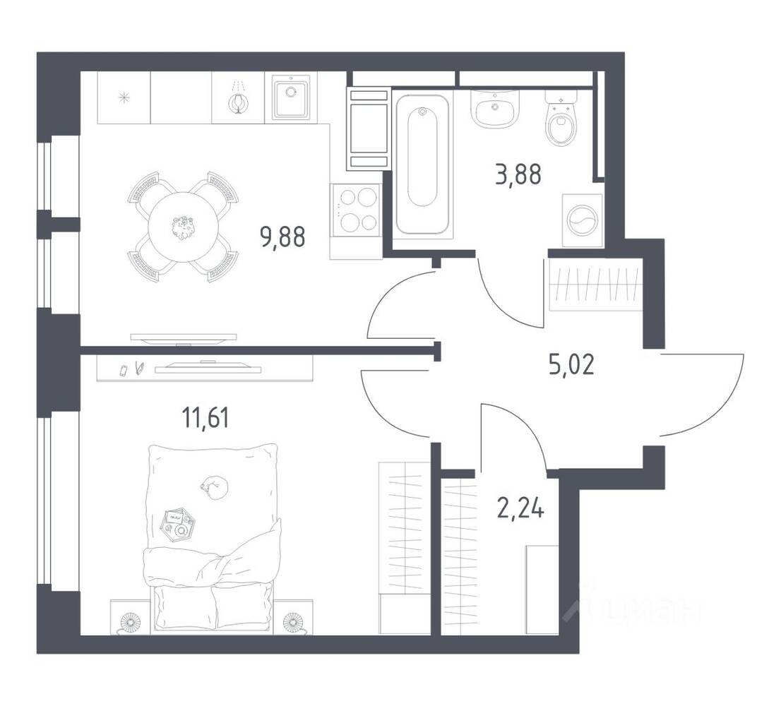 Планировка 1 комнатной квартиры, 32.63 м², в «Большое Путилково»