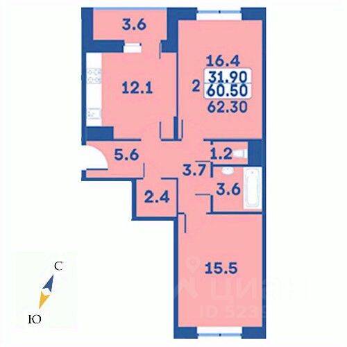 2-комн. квартира, 62,3 м², в ЖК «Эдельвейс» (ЦентрСтрой)