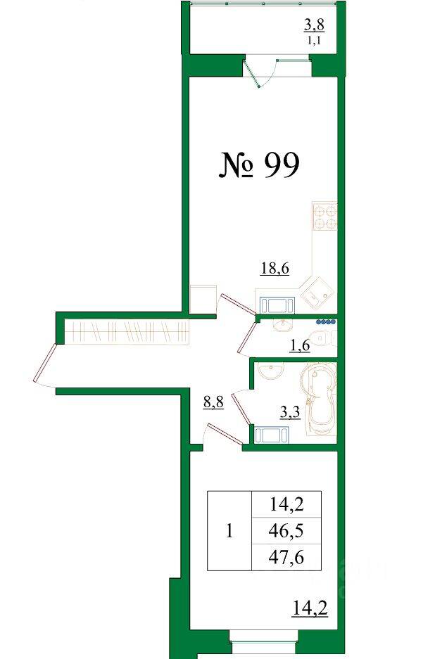 1-комн. квартира, 47,6 м², в ЖК Орловский бульвар