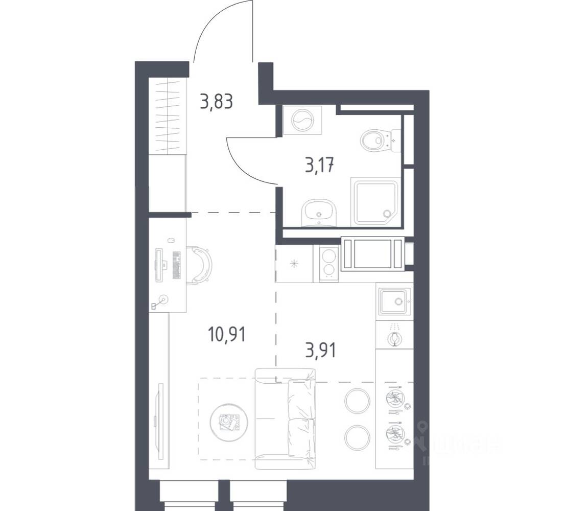 Планировка 1 комнатной квартиры, 21.82 м², в «Большое Путилково»
