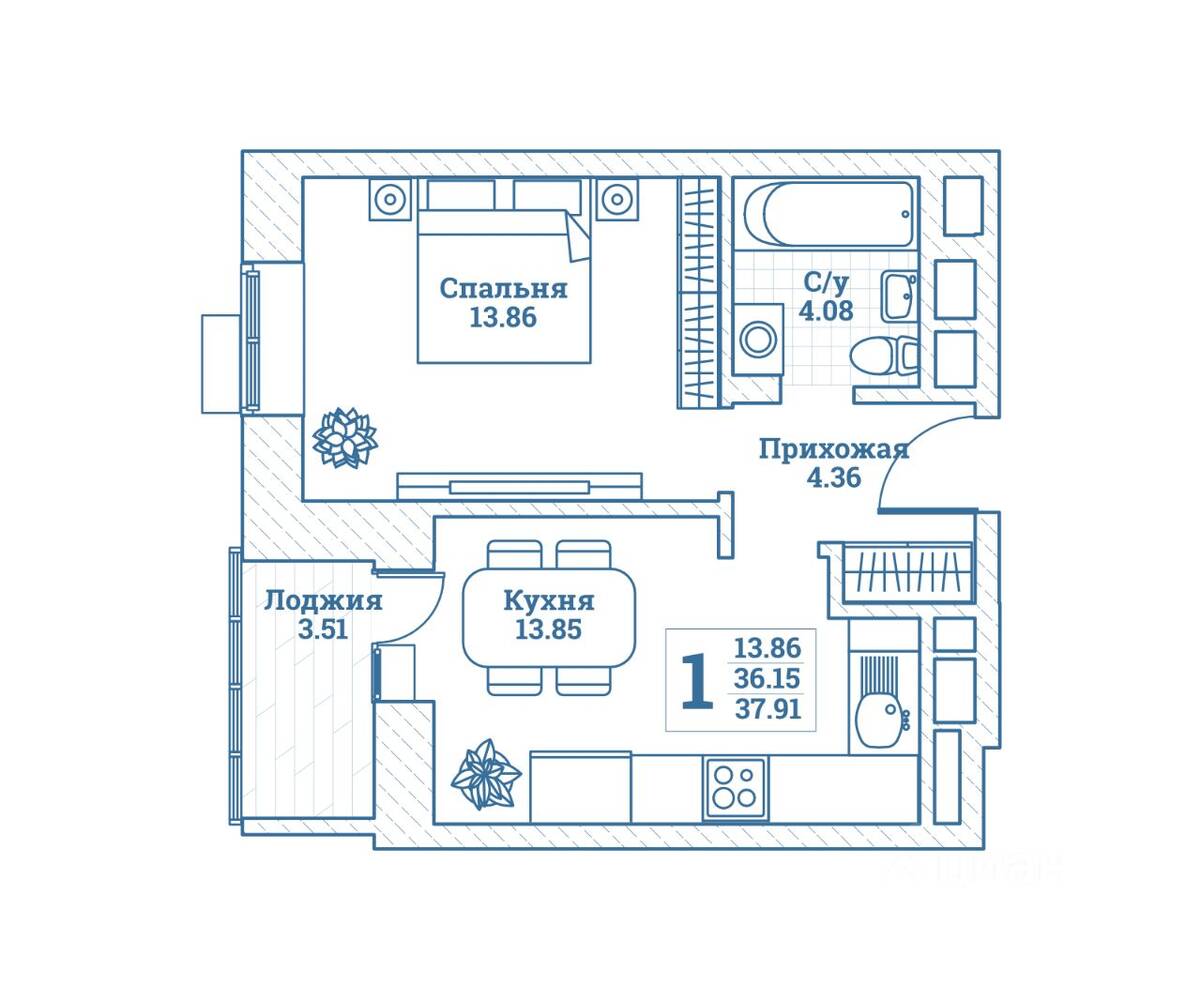 1-комн. квартира, 37,91 м², в ЖК Новоград Монино