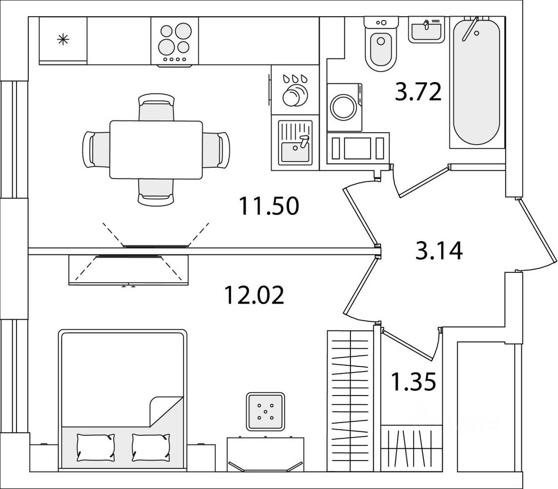 1-комн. квартира, 31,73 м², в ЖК Кинопарк