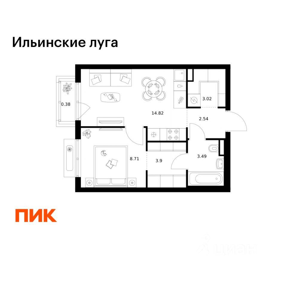 1-комн. квартира, 36,86 м², в ЖК «Ильинские луга»