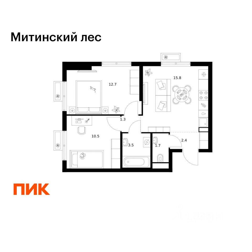 2-комн. квартира, 47,9 м², в ЖК Митинский лес