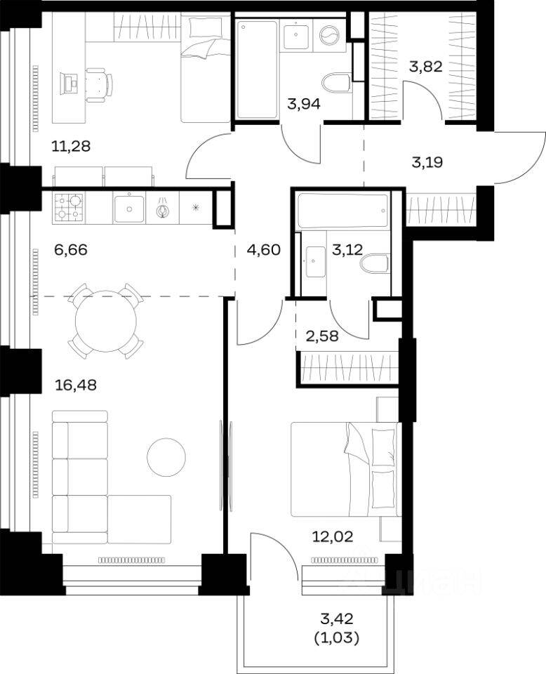 2-комн. квартира, 68,72 м², в ЖК Nova