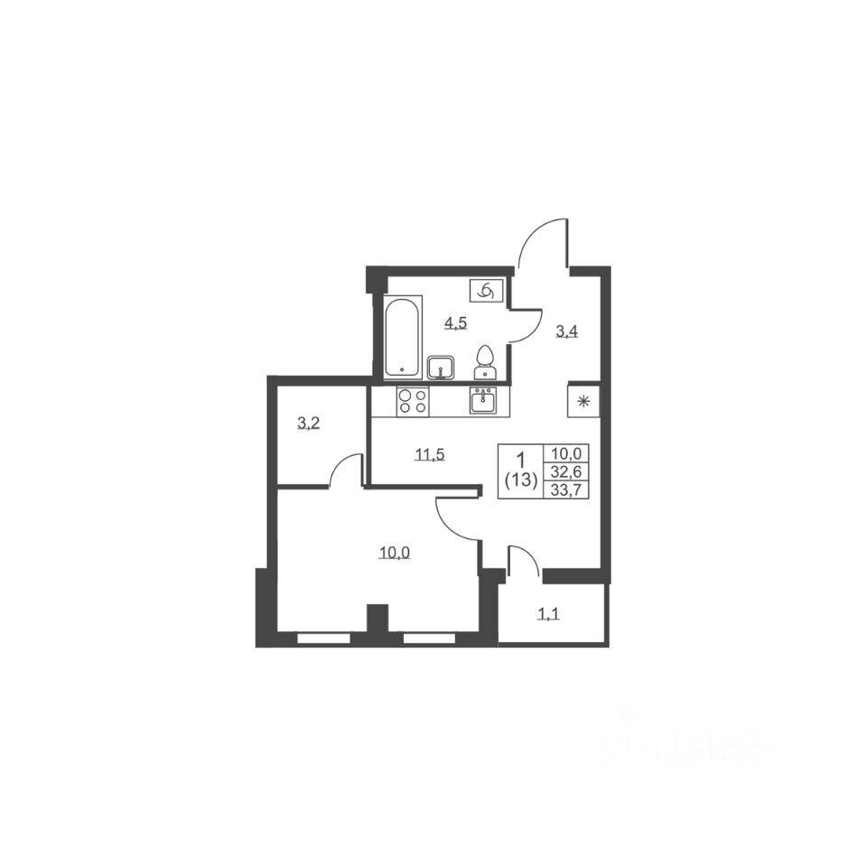 1-комн. квартира, 33,7 м², в ЖК Ермак