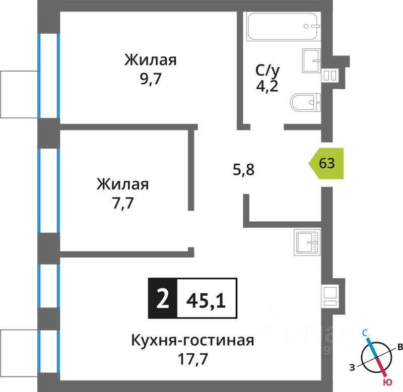 1-комн. квартира, 45,1 м², в ЖК Никольский квартал Отрада