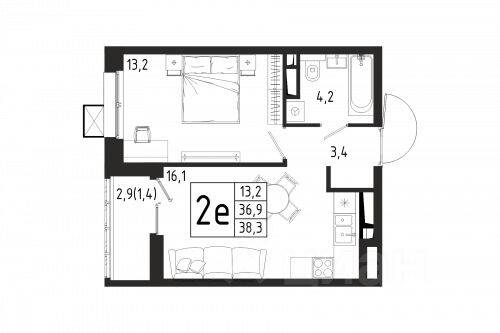 1-комн. квартира, 38,3 м², в ЖК «Берег»