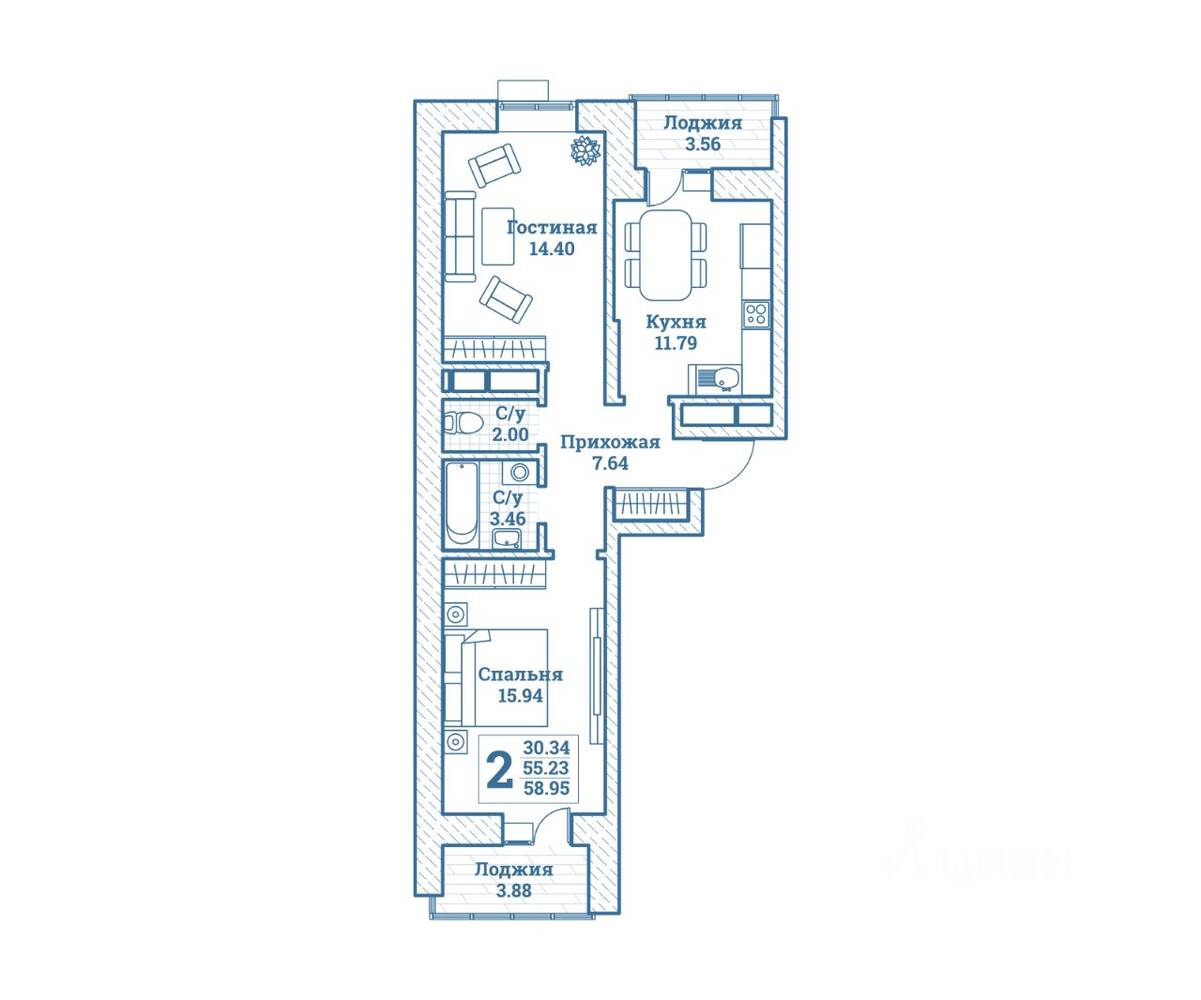 2-комн. квартира, 58,95 м², в ЖК Новоград Монино
