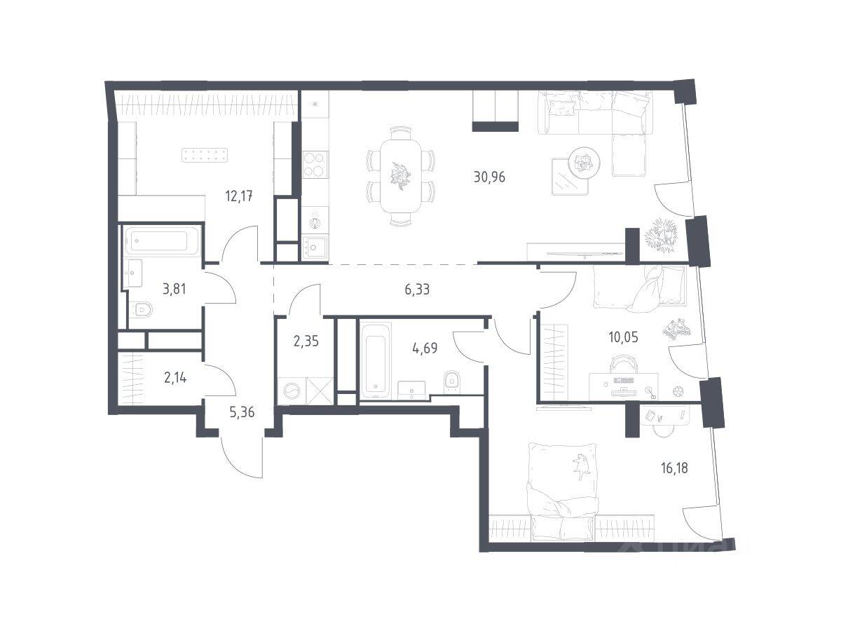 2-комн. квартира, 94,04 м², в ЖК Квартал на воде
