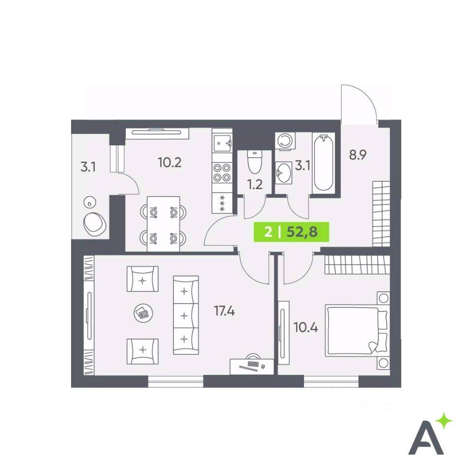 Планировка 2 комнатной квартиры, 52.8 м², в «Аквилон All in 3.0»